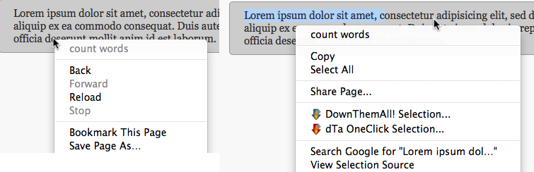 context menu item available or not available depending on selection