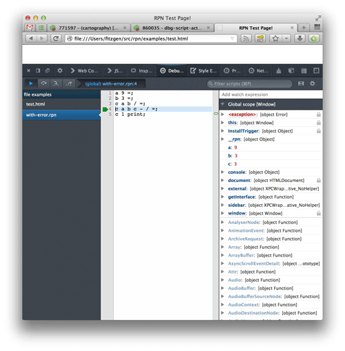 Screenshot of debugging with-error.rpn with source maps.