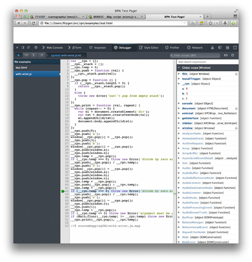 Screenshot of debugging with-error.rpn without source maps.
