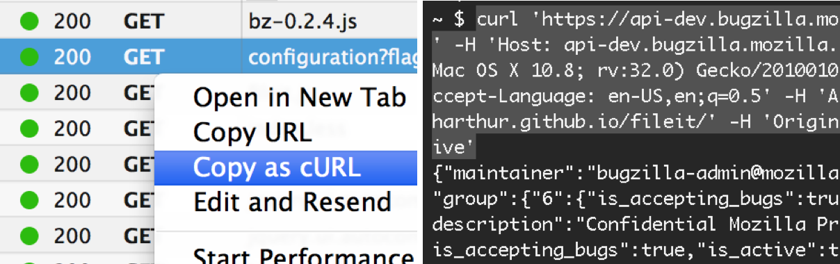 Copy as cURL in Network tool