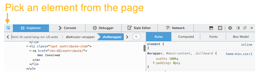 Screenshot of the new Inspect Element position on the left side of the toolbox