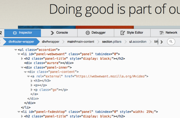 Screenshot of hidden nodes being displayed differently in the Inspector panel