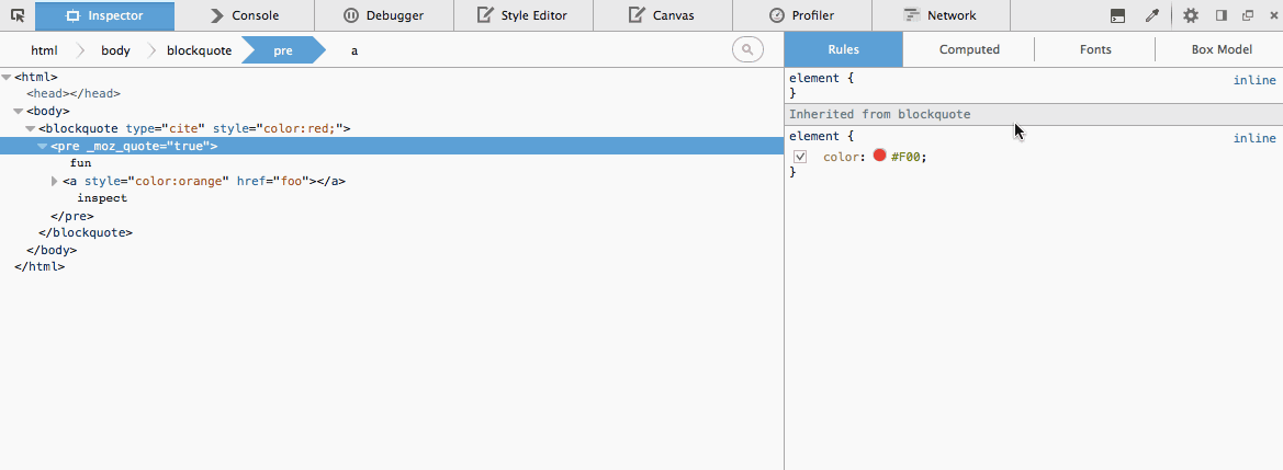 Animated gif of viewing user agent styles in the Inspector Panel