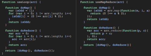 Left: using ordinary loop; Right: using map & reduce