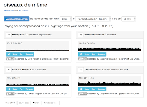 Screenshot showing Birds of a Feather, a soundscape created with field recordings of birds that are being seen in your vicinity.