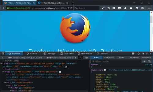 Screenshot of the dark Developer Edition theme in Windows 10
