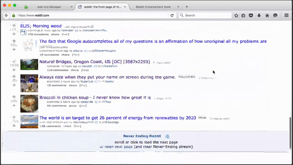 Animation showing RES failing to load additional content when scrolling to the bottom of the page.