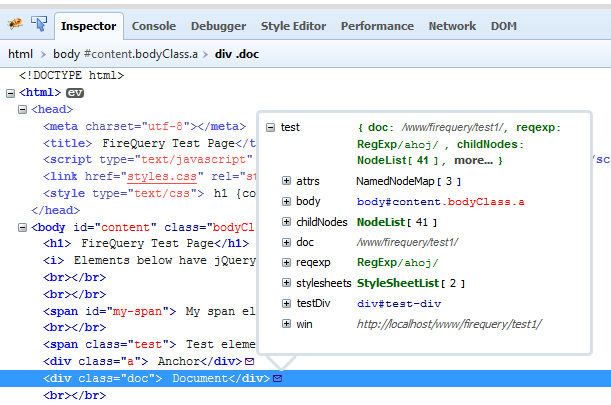 FireQuery Inspector panel