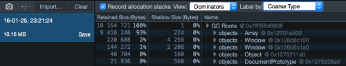 Screenshot of the dominators view in Firefox DevTools