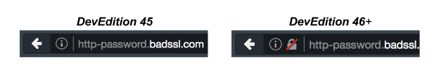 Firefox Developer Edition 46 shows a struck-through lock icon for non-secure pages that have a password field