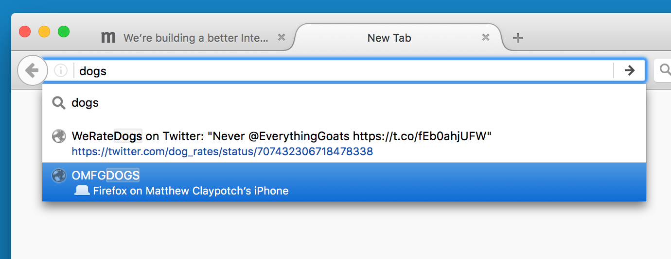 Location bar suggestions for tabs open on other devices