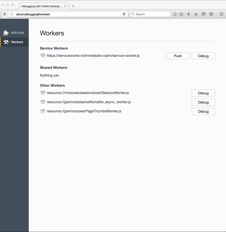 about:debugging interface