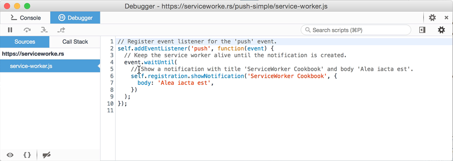 Service Worker debugger pop up window