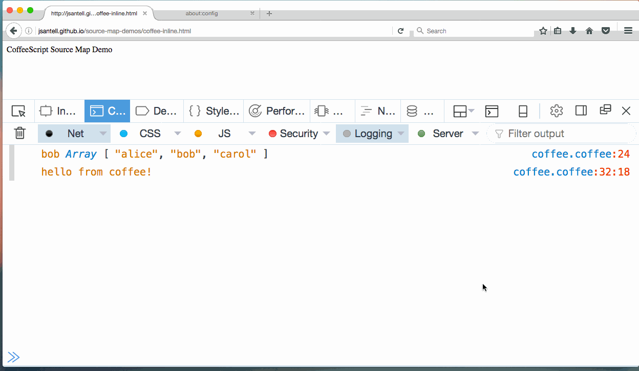 Gif demonstrating source map support in console with a CoffeeScript file