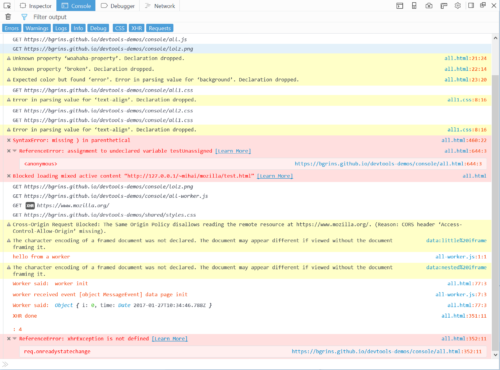 Screenshot of the new front-end for the web console panel in firefox