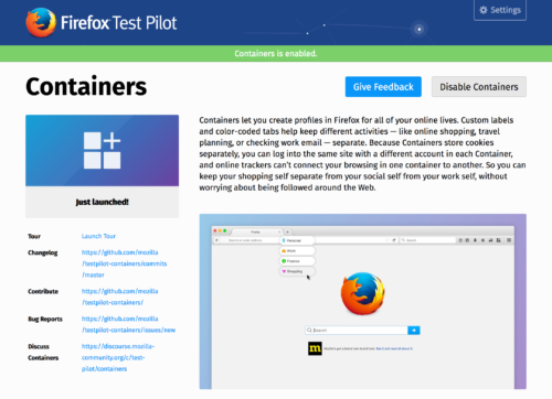 Containers UI on Test Pilot
