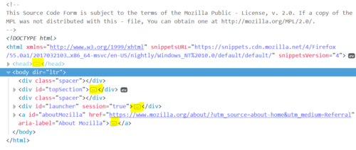 Indicator between opening and closing tags in the inspector to show children exist