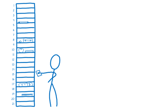 A column of boxes with a child putting something in one of the boxes