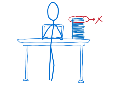 The main thread standing at its desk with a pile of paperwork. The top part of that pile has been removed