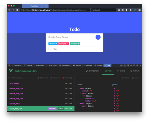 Screenshot of Firefox showing the Vue.js DevTools extension running in Firefox