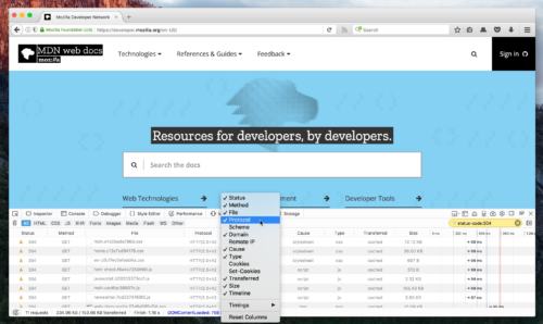 Screenshot showing the Firefox DevTools' Network panel with a filter on status-code:304, and a pop-up showing the new columns that are available.