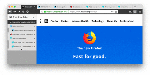 Animated screenshot of Tree Style Tab adopting dynamic theme colors from VivaldiFox
