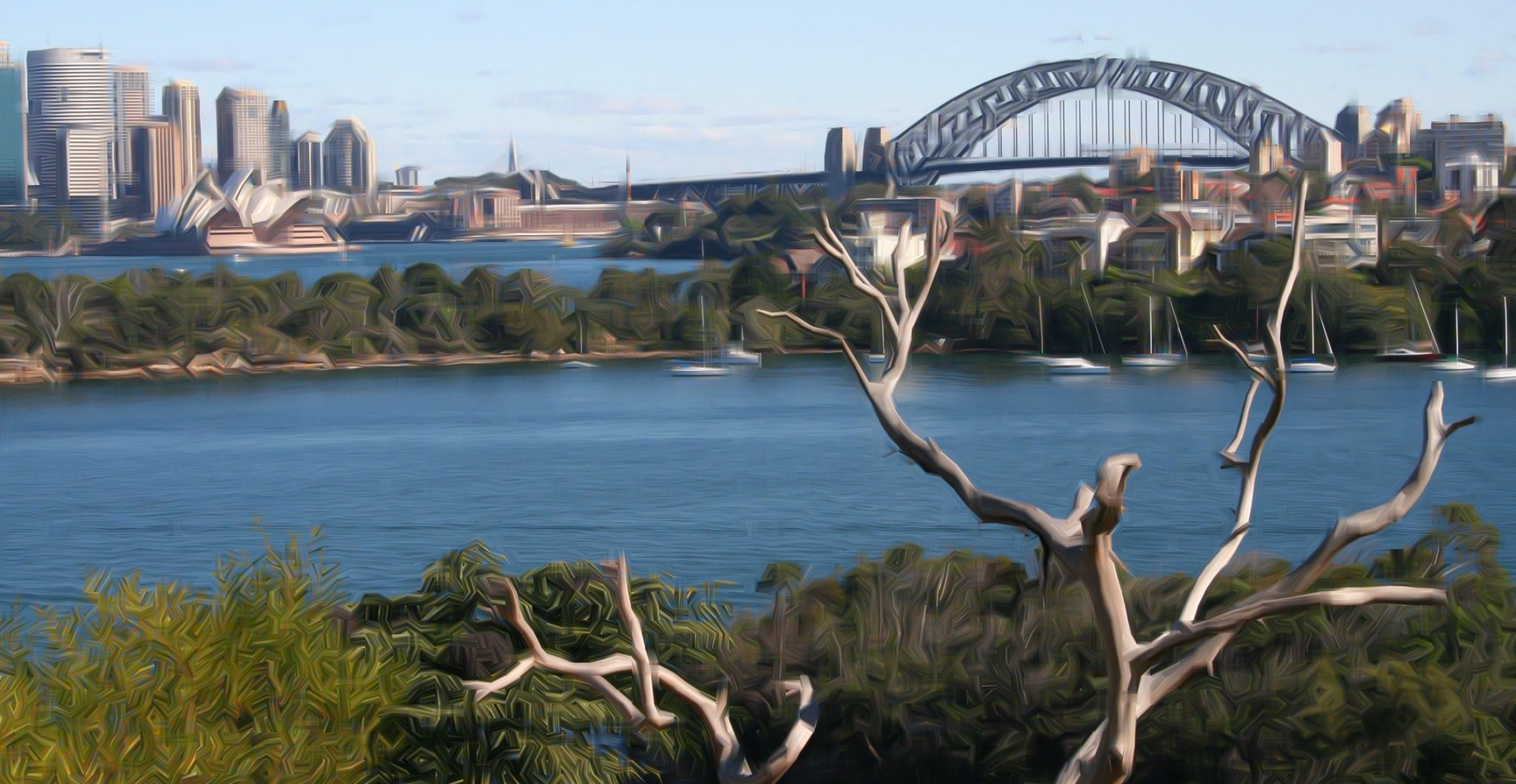A photo of Sydney Harbor with some interesting painting-like features created by the algorithm