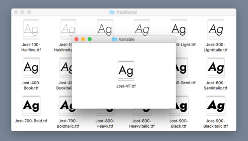 Screenshot of 18 traditional TTF files next to to a single, variable TTF file that that can replace the 18 other files.