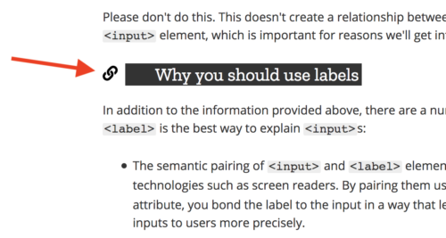 A chain link icon next to section titles links to that section