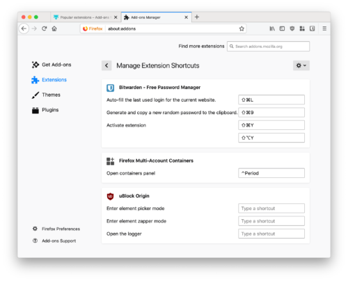 Firefox 新设置页面截图，用于管理扩展程序添加的键盘快捷键