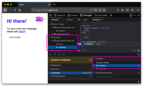 The DevTools Debugger inspecting an application that has spawned several WebWorker threads