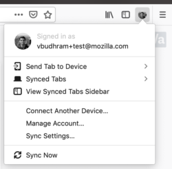Screenshot of the new Firefox Accounts toolbar button and its associated menu