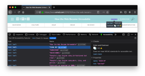 Screenshot of the Accessibility panel in the Firefox DevTools, showing the results of a text contrast check. The page being checked is a Wired article from 2016, "How the Web Became Unreadable." Ironically, its header fails the contrast check.