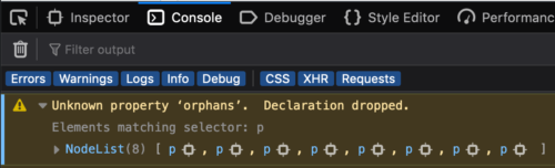 Firefox DevTools 的屏幕截图，显示控制台中类似“未知属性'foo'，已删除声明”的 CSS 警告。警告显示与具有错误规则的选择器匹配的节点列表。