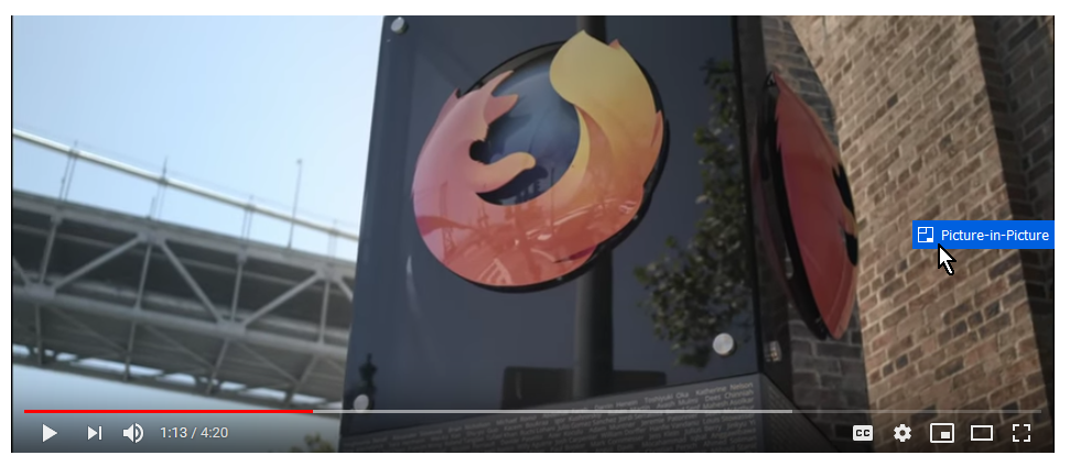 Showing the Picture-in-Picture toggle overlaying a video element on YouTube.