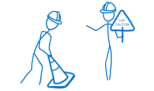 Two construction workers with a sign that says 'Use caution'