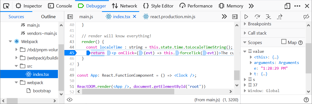 Screenshot of the DevTools debugger panel allowing inspection of variables in both original and generated scopes