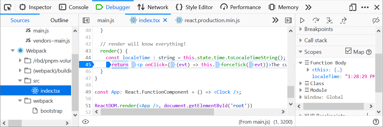 Debugger panel in Firefox DevTools,using the Map checkbox to see original TypeScript variables