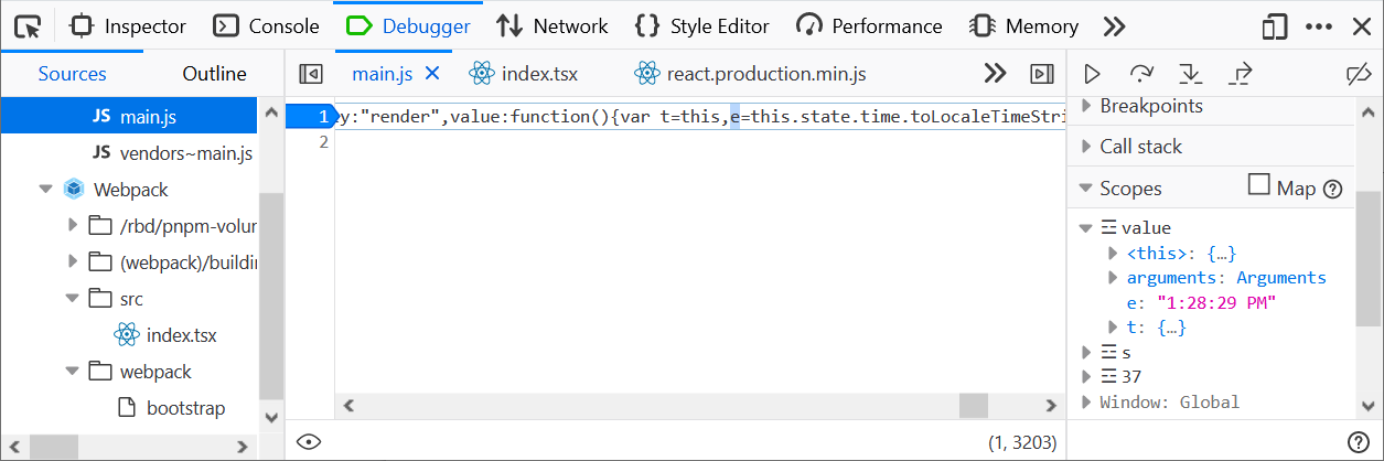 DevTools showing Debugger panel using the context menu to locate the e variable