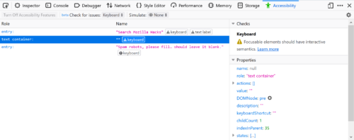 Screenshot of keyboard issues displayed in the inspector