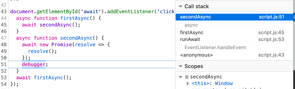 Firefox JavaScript调试器显示出异步调用堆栈
