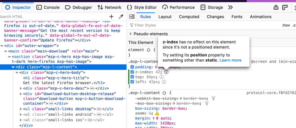  
Firefox Page Inspector現在顯示無效的位置屬性，例如：z-index， top
