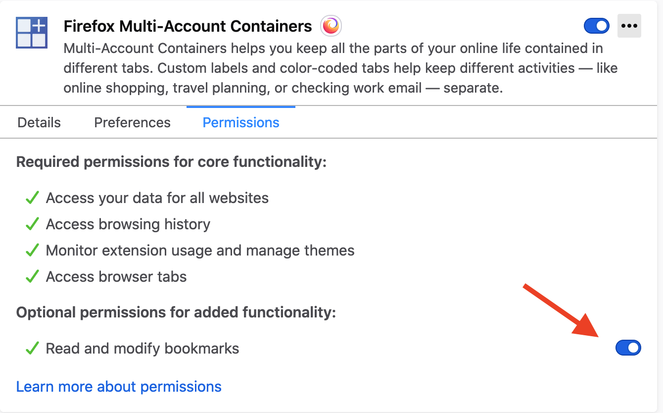 web extensions permissions dialog showing that you cna turn optional permissions on an off via the UI