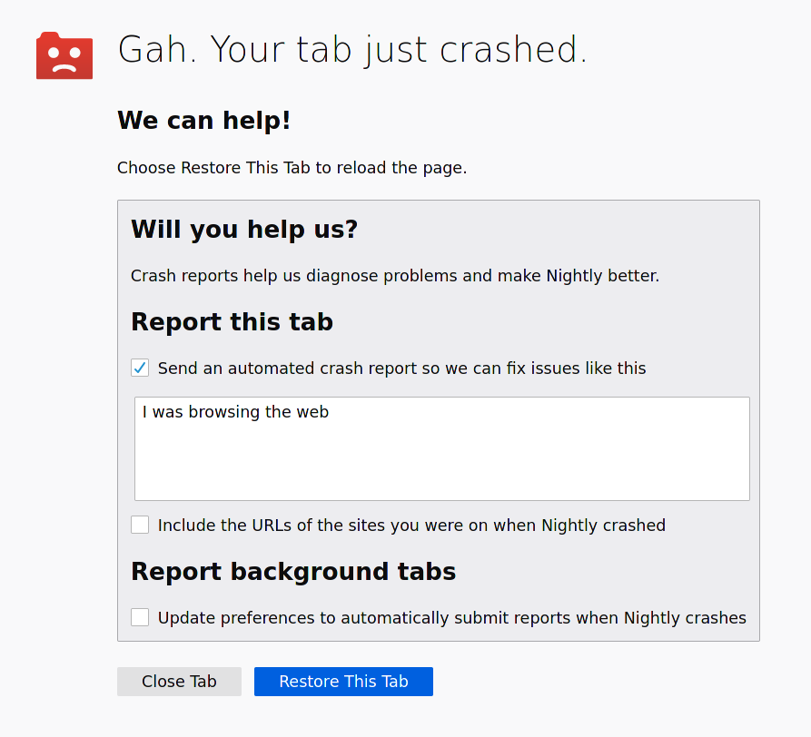 A screenshot of a tab that justc crashed