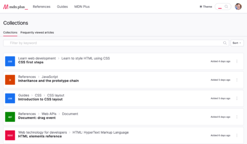 Screenshot of a collections list on mdn plus