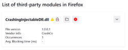  Screenshot of the about:third-party page showing a module named "CrashingInjectibleDll.dll" with a yellow triangle indicating it has recently caused a crash, and a red button with an X on it indicating that it is blocked from loading into Firefox.