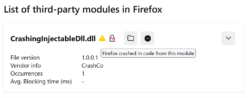 Screenshot of the about:third-party page showing a module named "CrashingInjectibleDll.dll" with a yellow triangle indicating it has recently caused a crash, and a button with a dash on it that can be used to block it from loading into Firefox.